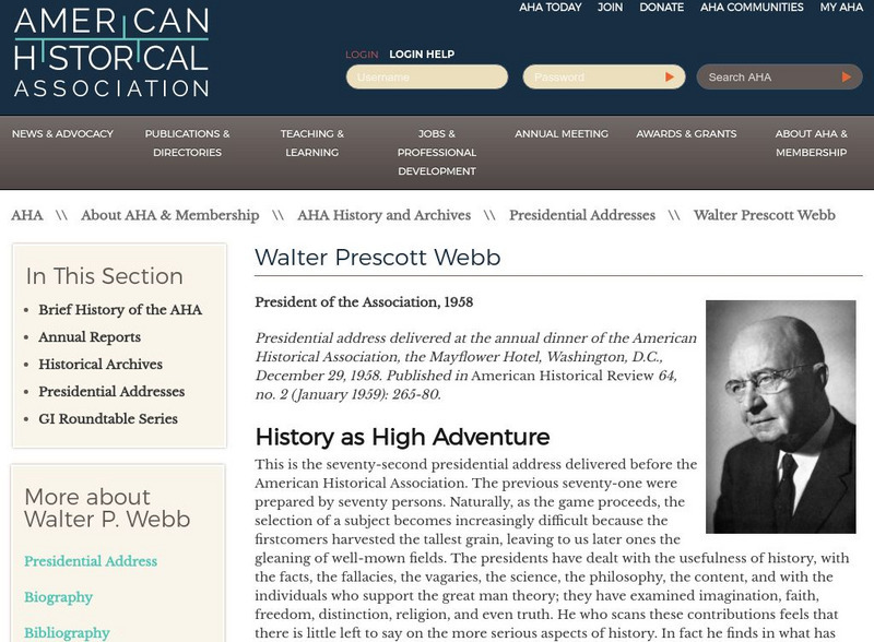 American Historical Association: Walter Prescott Webb Primary American Historical Association: Walter Prescott Webb Primary