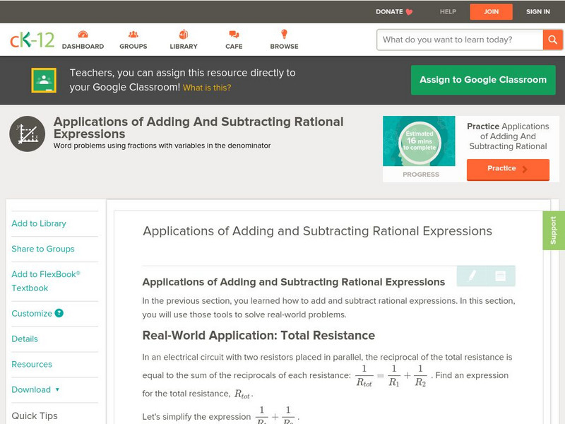 Ck 12: Algebra: Applications of Rational Expressions Unit Plan Ck 12: Algebra: Applications of Rational Expressions Unit Plan