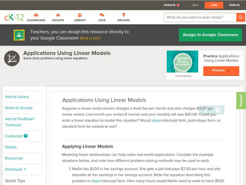 Ck 12: Algebra: Applications Using Linear Models Unit Plan Ck 12: Algebra: Applications Using Linear Models Unit Plan