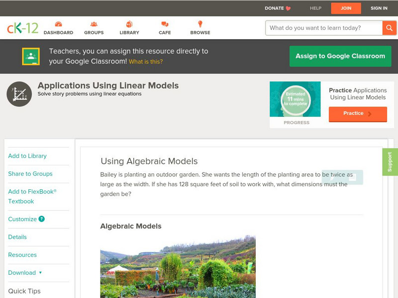 Ck 12: Algebra: Applications Using Linear Models Unit Plan Ck 12: Algebra: Applications Using Linear Models Unit Plan