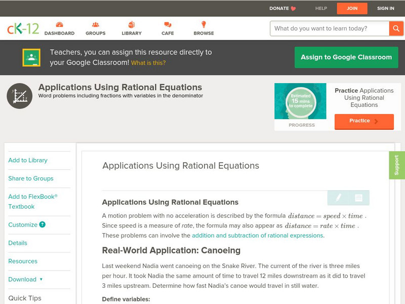 Ck 12: Algebra: Applications Using Rational Equations Unit Plan Ck 12: Algebra: Applications Using Rational Equations Unit Plan