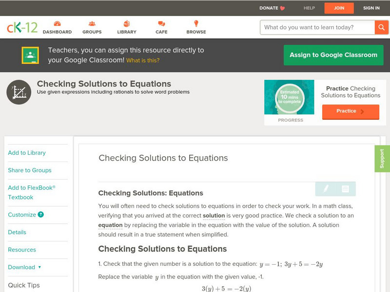 Ck 12: Algebra: Checking Solutions to Equations Unit Plan