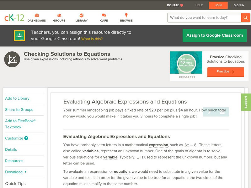 Ck 12: Algebra: Checking Solutions to Equations Unit Plan Ck 12: Algebra: Checking Solutions to Equations Unit Plan