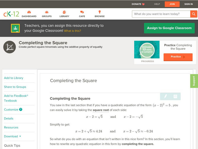 Ck 12: Algebra: Completing the Square Unit Plan
