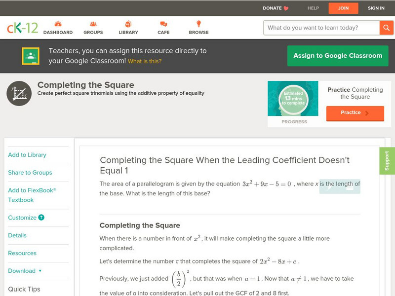 Ck 12: Algebra: Completing the Square Unit Plan