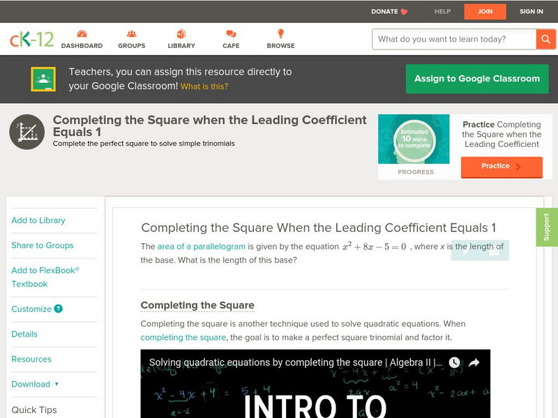 Ck 12: Algebra: Completing the Square When the Leading Coefficient Equals 1 Unit Plan
