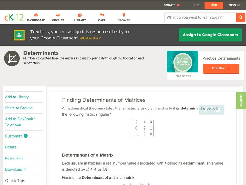 Ck 12: Algebra: Determinants Unit Plan Ck 12: Algebra: Determinants Unit Plan