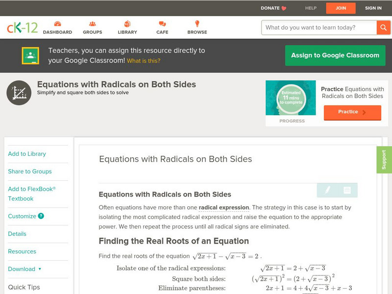 Ck 12: Algebra: Equations With Radicals on Both Sides Unit Plan Ck 12: Algebra: Equations With Radicals on Both Sides Unit Plan