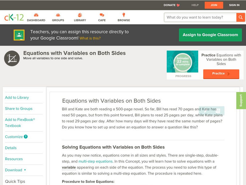 Ck 12: Algebra: Equations With Variables on Both Sides Unit Plan Ck 12: Algebra: Equations With Variables on Both Sides Unit Plan