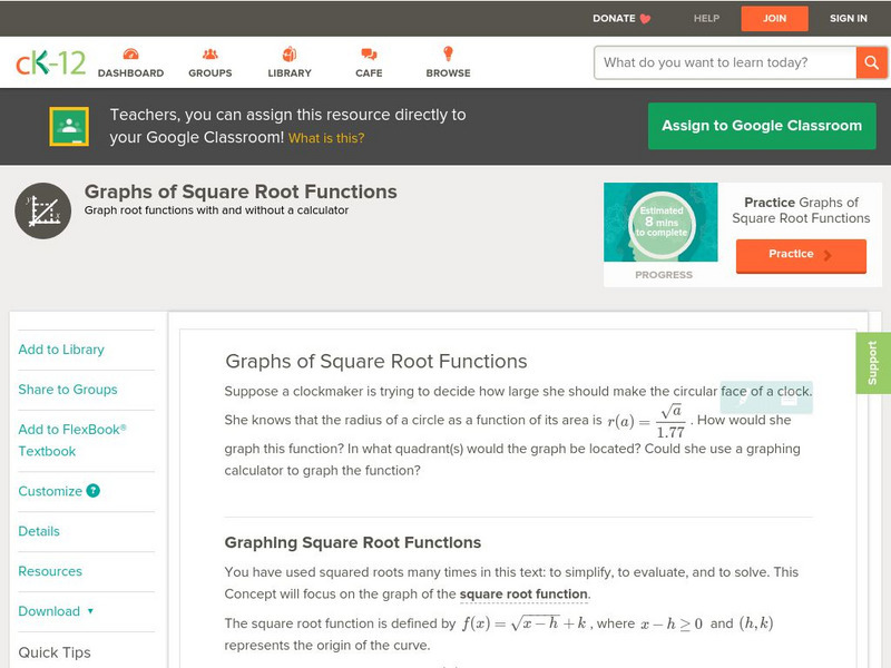 Ck 12: Algebra: Graphs of Square Root Functions Unit Plan Ck 12: Algebra: Graphs of Square Root Functions Unit Plan