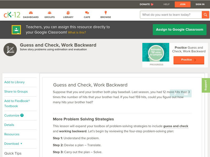 Ck 12: Algebra: Guess and Check, Work Backward Unit Plan Ck 12: Algebra: Guess and Check, Work Backward Unit Plan