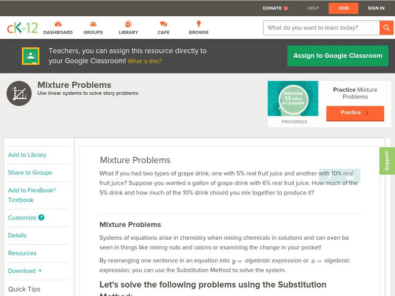 Ck 12: Algebra: Mixture Problems Unit Plan Ck 12: Algebra: Mixture Problems Unit Plan
