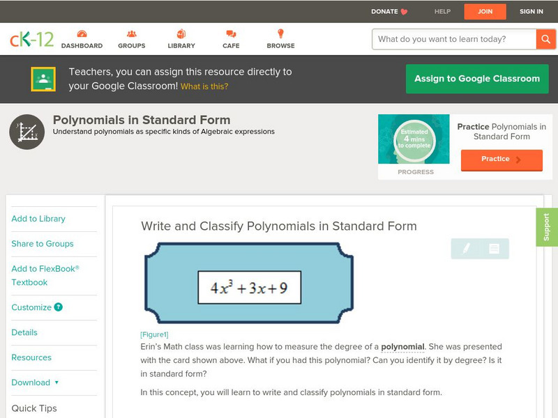 Ck 12: Algebra: Polynomials in Standard Form Unit Plan Ck 12: Algebra: Polynomials in Standard Form Unit Plan