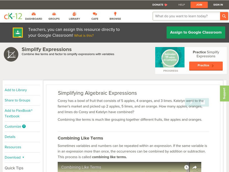 Ck 12: Algebra: Simplify Expressions Unit Plan Ck 12: Algebra: Simplify Expressions Unit Plan