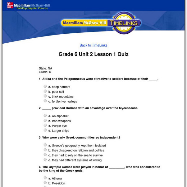 Macmillan/mc Graw Hill: The World: Vol. 1: The Ancient World: Lesson 1 Quiz Unknown Type