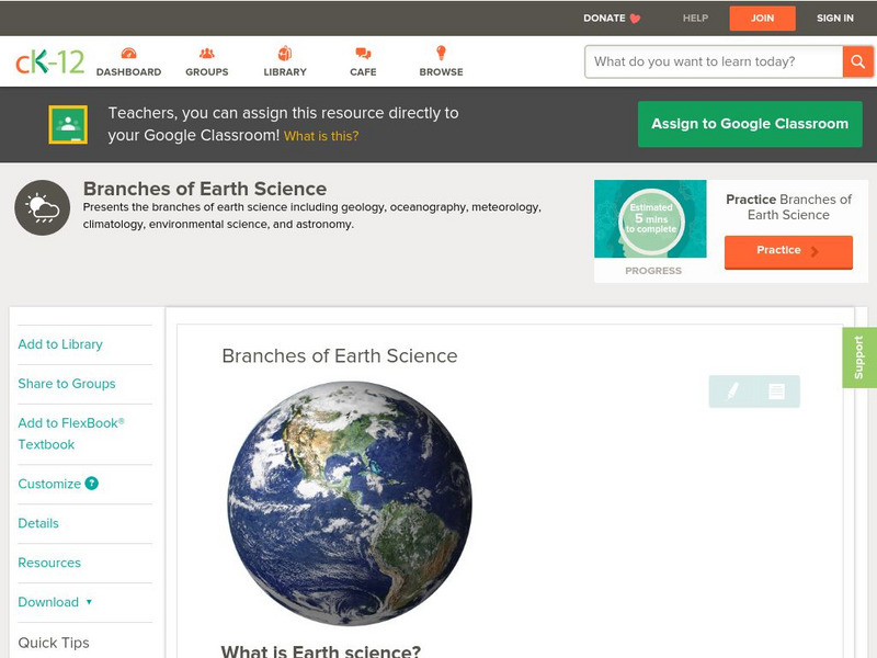 Ck 12: Earth Science: Branches of Earth Science Unit Plan Ck 12: Earth Science: Branches of Earth Science Unit Plan