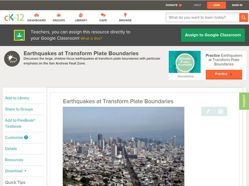 Ck 12: Earth Science: Earthquakes at Transform Plate Boundaries Unit Plan Ck 12: Earth Science: Earthquakes at Transform Plate Boundaries Unit Plan
