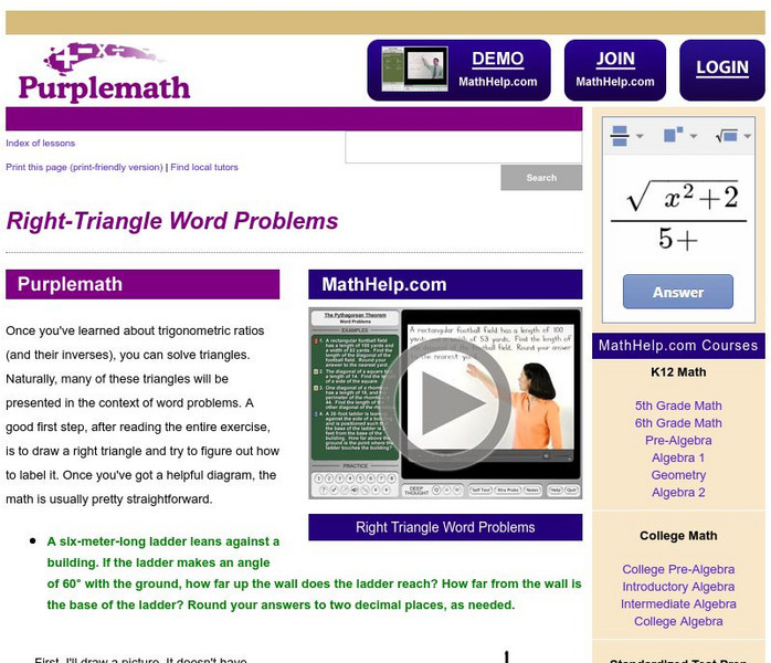 Purplemath: Right Triangle Word Problems Handout Purplemath: Right Triangle Word Problems Handout