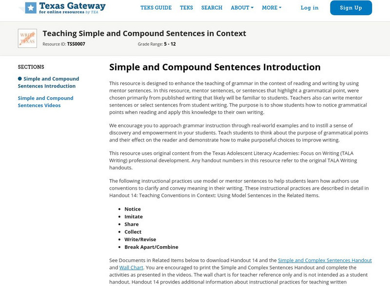 Texas Gateway: Teaching Simple and Compound Sentences in Context Professional Doc Texas Gateway: Teaching Simple and Compound Sentences in Context Professional Doc