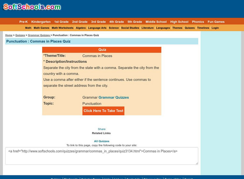 Soft Schools: Punctuation: Commas in Places Quiz Unit Plan Soft Schools: Punctuation: Commas in Places Quiz Unit Plan