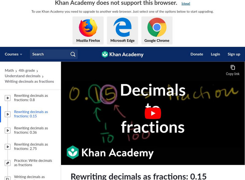 Khan Academy: Rewriting Decimals as Fractions: 0.15 Instructional Video Khan Academy: Rewriting Decimals as Fractions: 0.15 Instructional Video