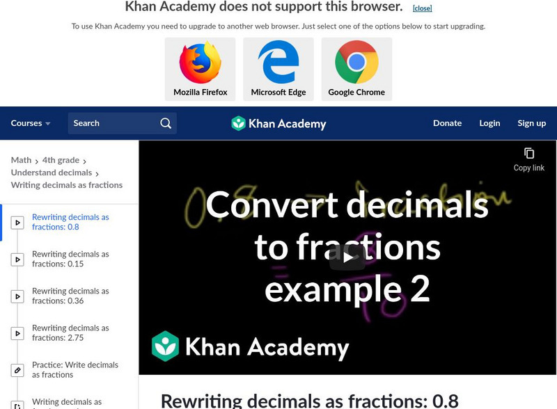 Khan Academy: Rewriting Decimals as Fractions: 0.8 Instructional Video