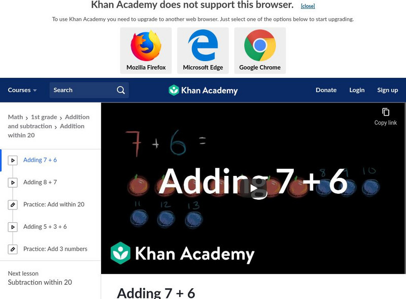 Khan Academy: Adding 6 + 7 Instructional Video