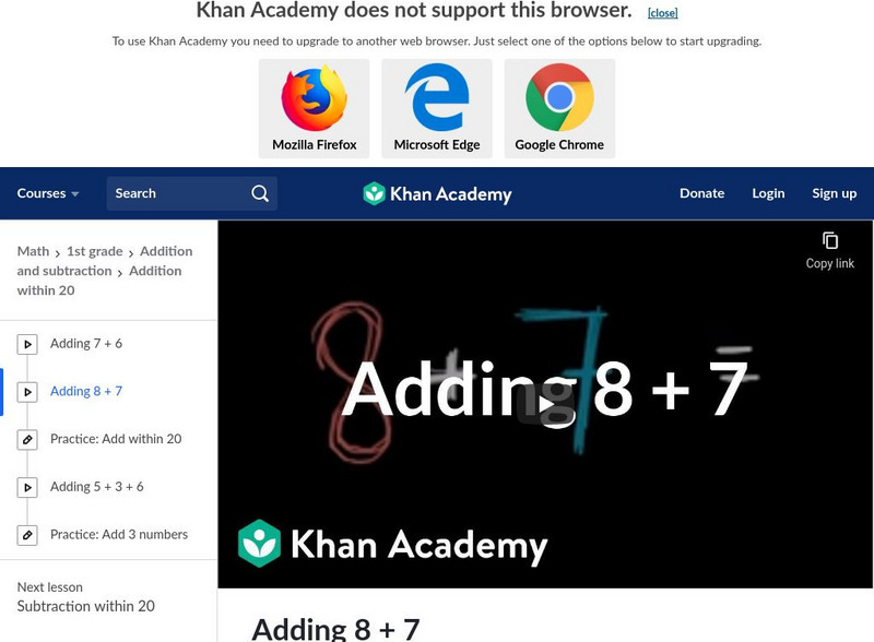 Khan Academy: Adding 8+7 Instructional Video Khan Academy: Adding 8+7 Instructional Video