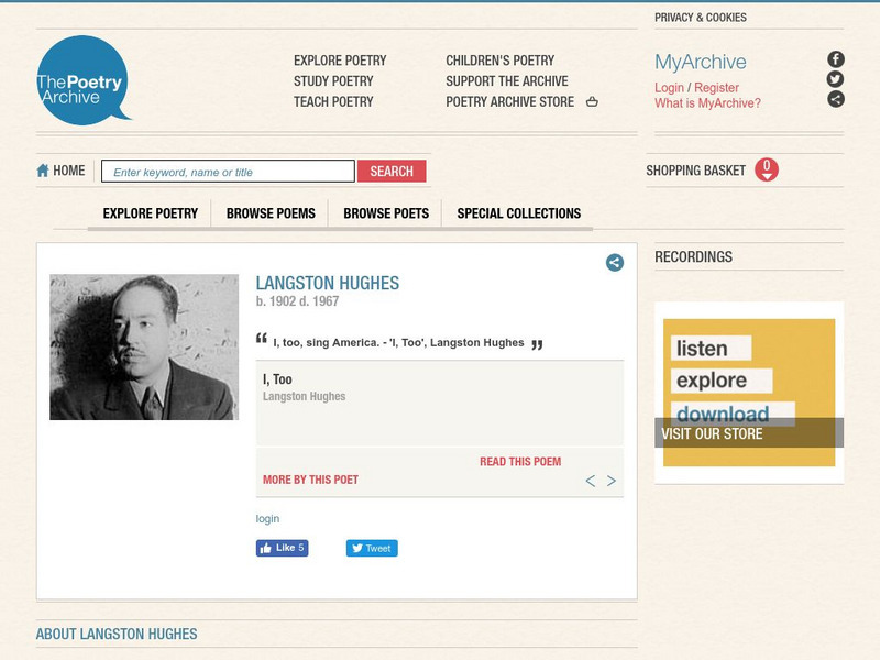 The Poetry Archive: "I, Too" by Langston Hughes Unit Plan The Poetry Archive: "I, Too" by Langston Hughes Unit Plan