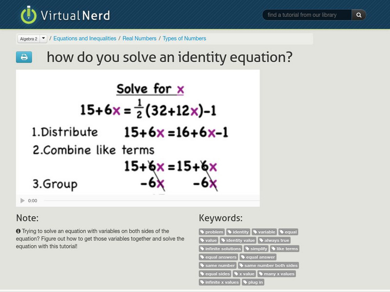 Virtual Nerd: How Do You Solve an Identity Equation? Instructional Video Virtual Nerd: How Do You Solve an Identity Equation? Instructional Video