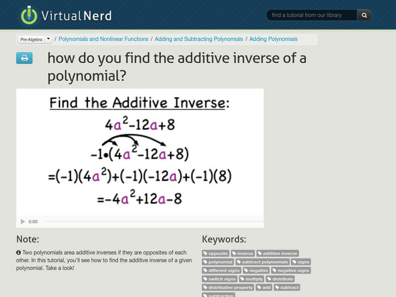 Virtual Nerd: How Do You Find the Additive Inverse of a Polynomial? Instructional Video