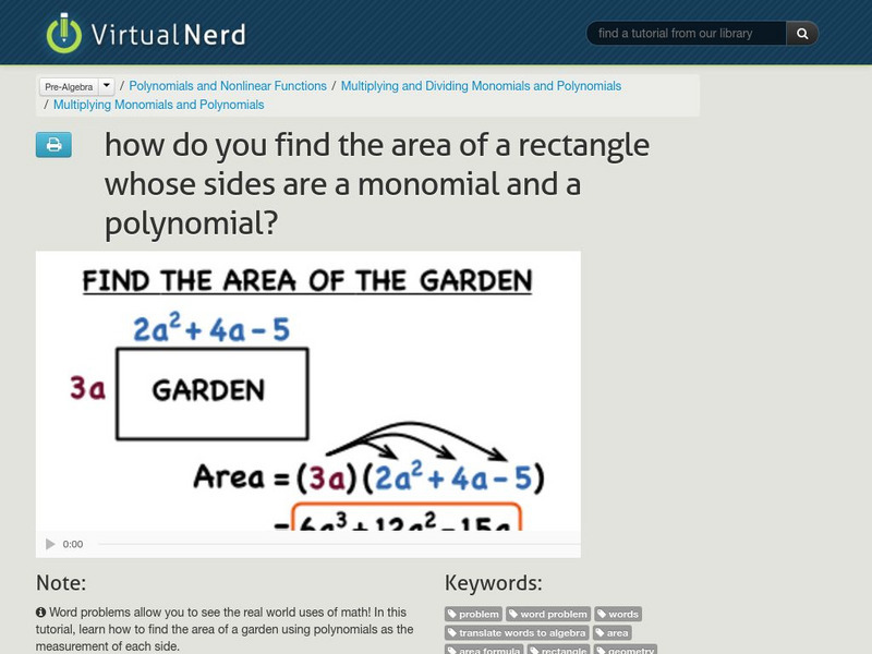 Virtual Nerd: Area of a Rectangle Whose Sides Are a Monomial and a Polynomial Instructional Video Virtual Nerd: Area of a Rectangle Whose Sides Are a Monomial and a Polynomial Instructional Video