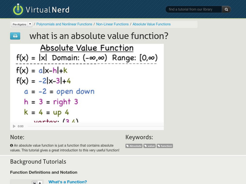Virtual Nerd: What Is an Absolute Value Function? Instructional Video Virtual Nerd: What Is an Absolute Value Function? Instructional Video