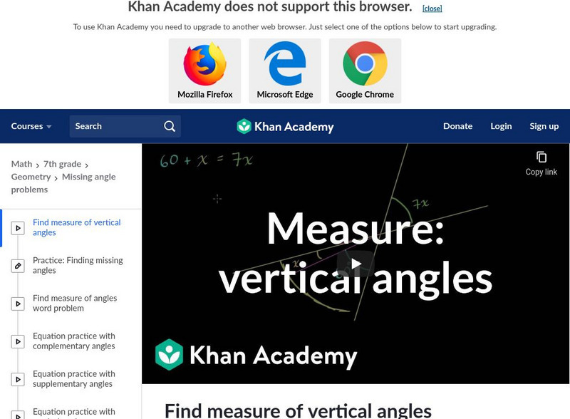 Khan Academy: Find Measure of Vertical Angles Instructional Video Khan Academy: Find Measure of Vertical Angles Instructional Video