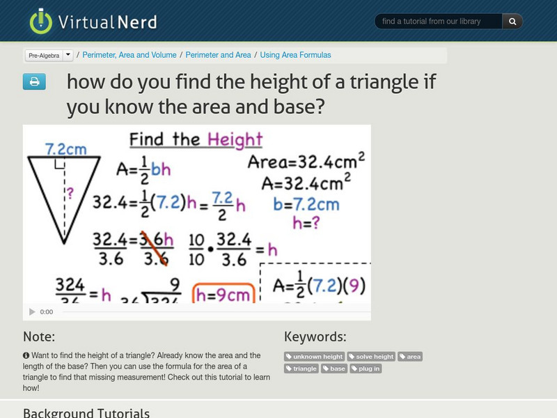 Virtual Nerd: Find the Height of a Triangle if You Know the Area and Base Instructional Video