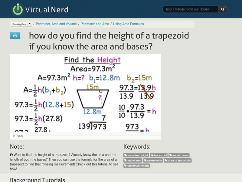 Virtual Nerd: Find the Height of a Trapezoid if You Know the Area and Bases Instructional Video