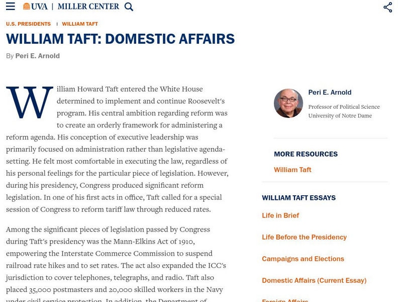 Miller Center at Uva: u.s. Presidents: William Howard Taft: Domestic Affairs Website Miller Center at Uva: u.s. Presidents: William Howard Taft: Domestic Affairs Website