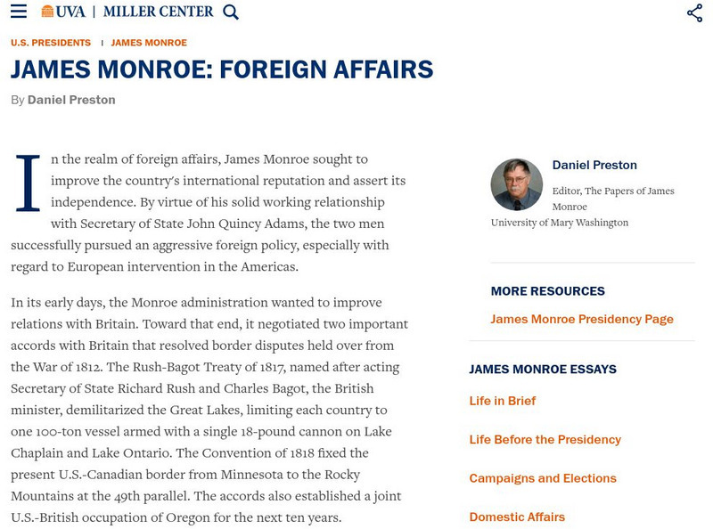 Miller Center at Uva: u.s. Presidents: James Monroe: Foreign Affairs Website Miller Center at Uva: u.s. Presidents: James Monroe: Foreign Affairs Website