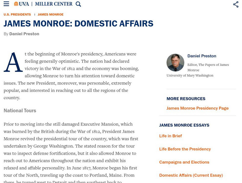 Miller Center at Uva: u.s. Presidents: James Monroe: Domestic Affairs Website Miller Center at Uva: u.s. Presidents: James Monroe: Domestic Affairs Website