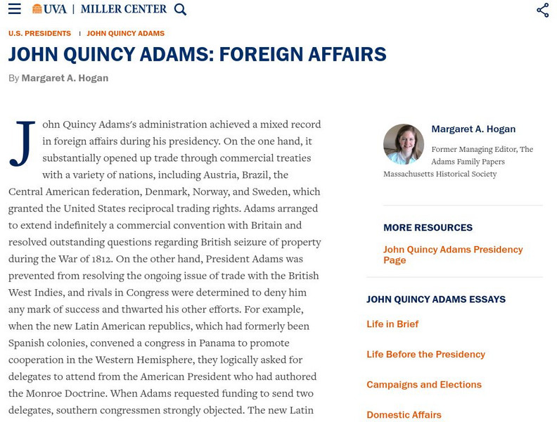 Miller Center at Uva: u.s. Presidents: John Quincy Adams: Foreign Affairs Website