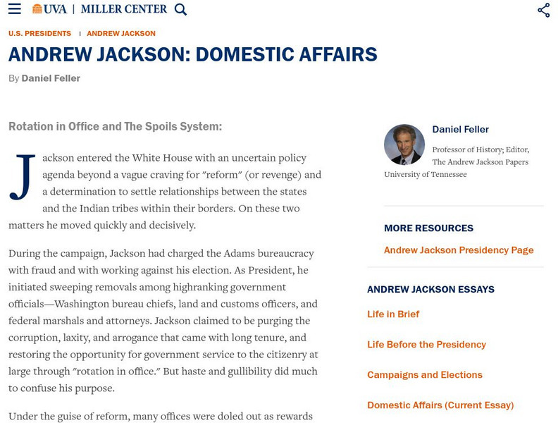 Miller Center at Uva: u.s. Presidents: Andrew Jackson: Domestic Affairs Website Miller Center at Uva: u.s. Presidents: Andrew Jackson: Domestic Affairs Website
