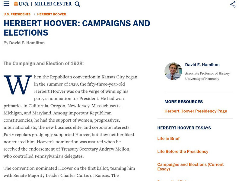 Miller Center at Uva: u.s. Presidents: Herbert Clark Hoover: Campaigns and Elections Website Miller Center at Uva: u.s. Presidents: Herbert Clark Hoover: Campaigns and Elections Website