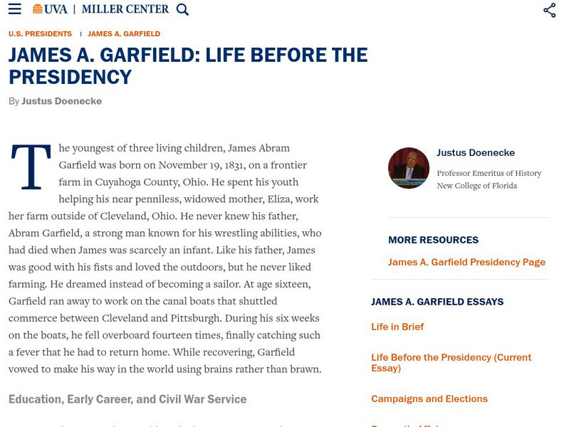 Miller Center at Uva: u.s. Presidents: James Abram Garfield: Life Before the Presidency Website Miller Center at Uva: u.s. Presidents: James Abram Garfield: Life Before the Presidency Website