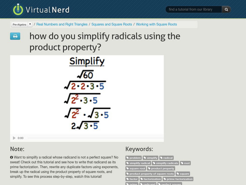 Virtual Nerd: How Do You Simplify Radicals Using the Product Property? Instructional Video