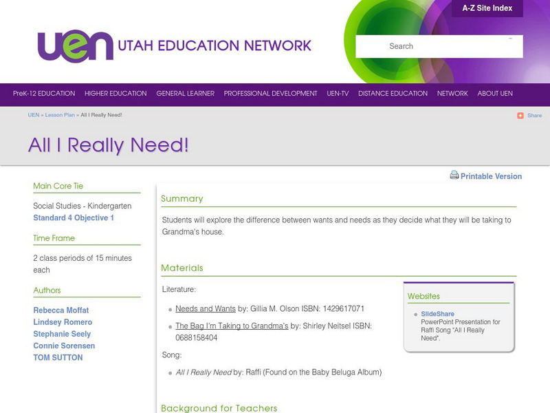 Uen: Lesson Plan: All I Really Need! Lesson Plan Uen: Lesson Plan: All I Really Need! Lesson Plan