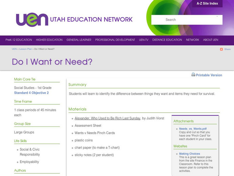 Uen: Lesson Plan: Do I Want or Need? Lesson Plan Uen: Lesson Plan: Do I Want or Need? Lesson Plan