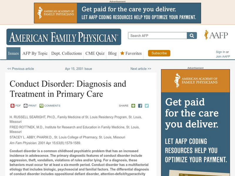 Aafp: Conduct Disorder: Diagnosis and Treatment Article Aafp: Conduct Disorder: Diagnosis and Treatment Article
