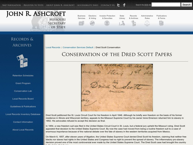 Missouri Secretary of State: Conservation of the Dred Scott Papers Primary Missouri Secretary of State: Conservation of the Dred Scott Papers Primary