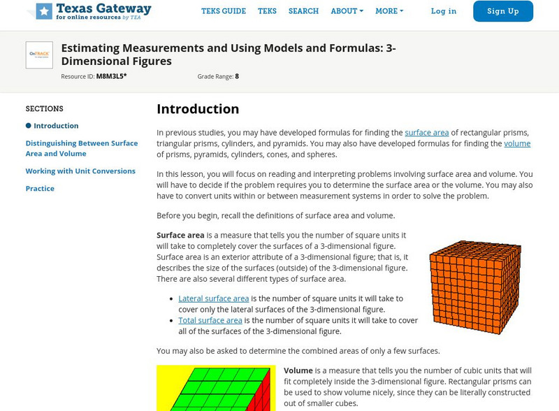 Texas Gateway: Estimating Measurements/using Models and Formulas: 3 D Figures Unit Plan