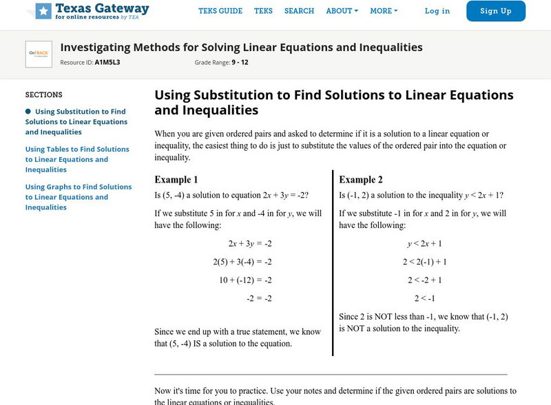 Texas Gateway: Investigating Methods for Solving Linear Equations, Inequalities Unit Plan